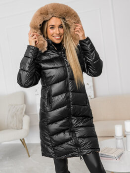 Bolf Damen Lange Zweiseitige Gepolsterte Winterjcke Mantel mit Kapuze Schwarz  B8202B