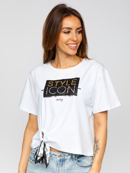 Bolf Damen T-Shirt mit Pailetten und Aufdruck Weiß DT101